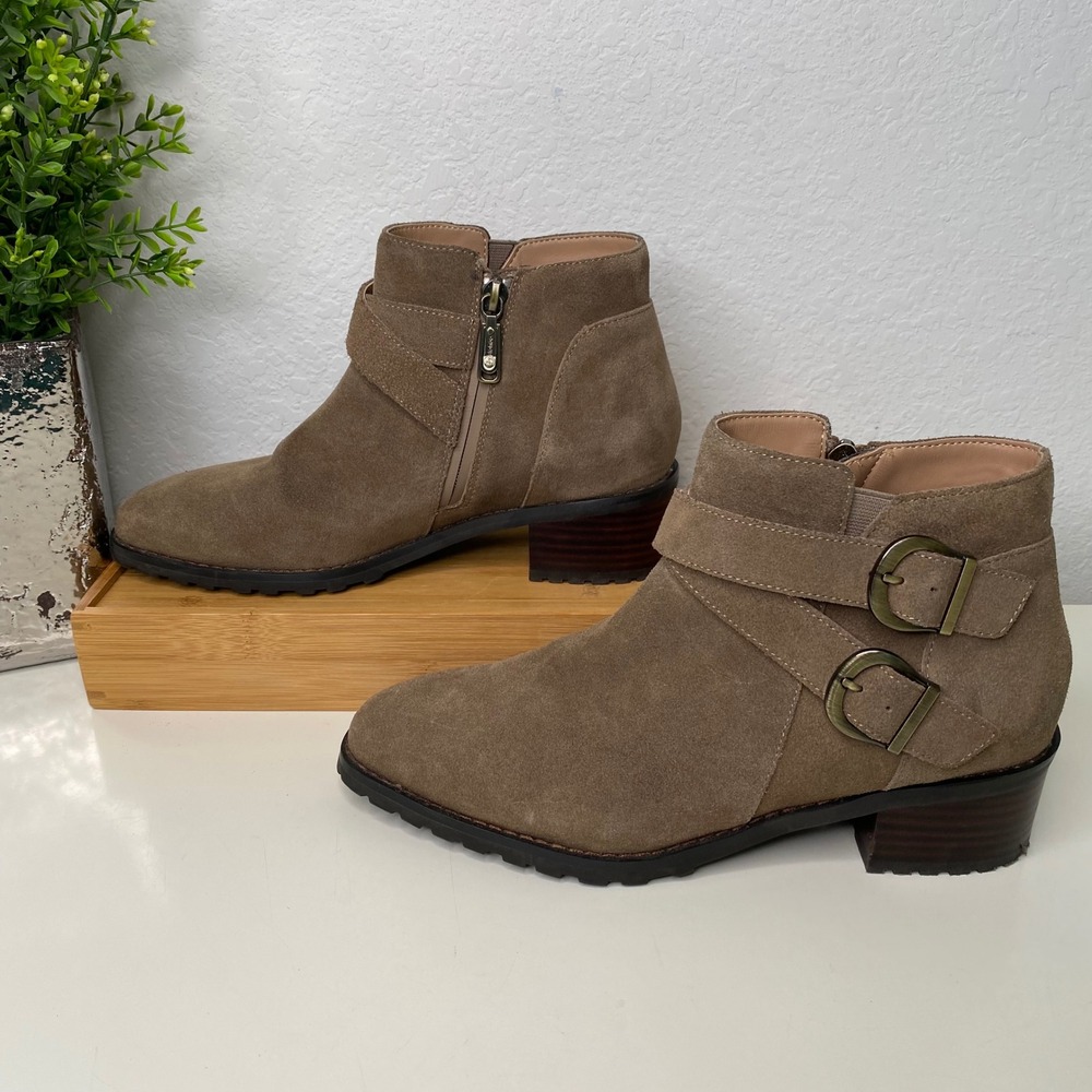 Blondo Shanna Waterproof Suede Ankle Boots Taupe Brown Moto Booties Zip Size 8 - Picture 3 of 12